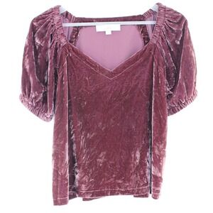 Loft Velvet Puff Sleeve Top XS Burgundy V-Neck Crushed Velvet Blouse